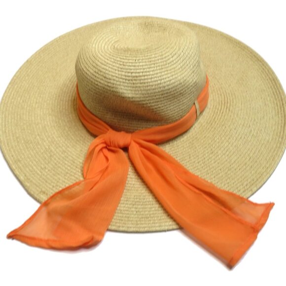 Raffia Sun Hat Paper Vacation Beach Wide Brim Peach Ribbon Travel Holiday Summer - Picture 2 of 6